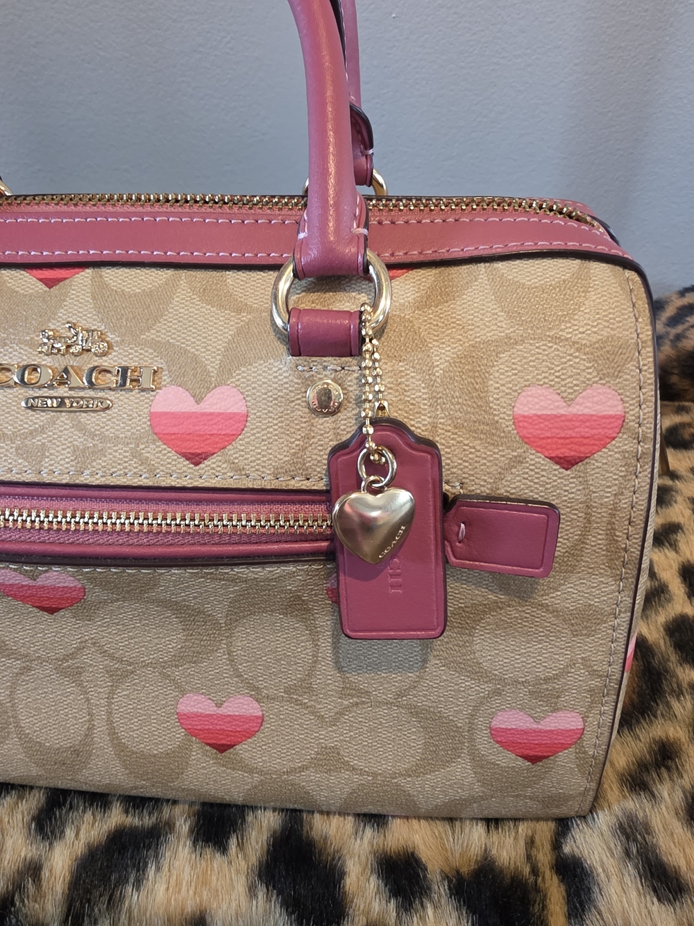 Coach HTF Rowan Pink Heart  Signature Satchel with GOLD Heart Charm - Picture 3 of 16